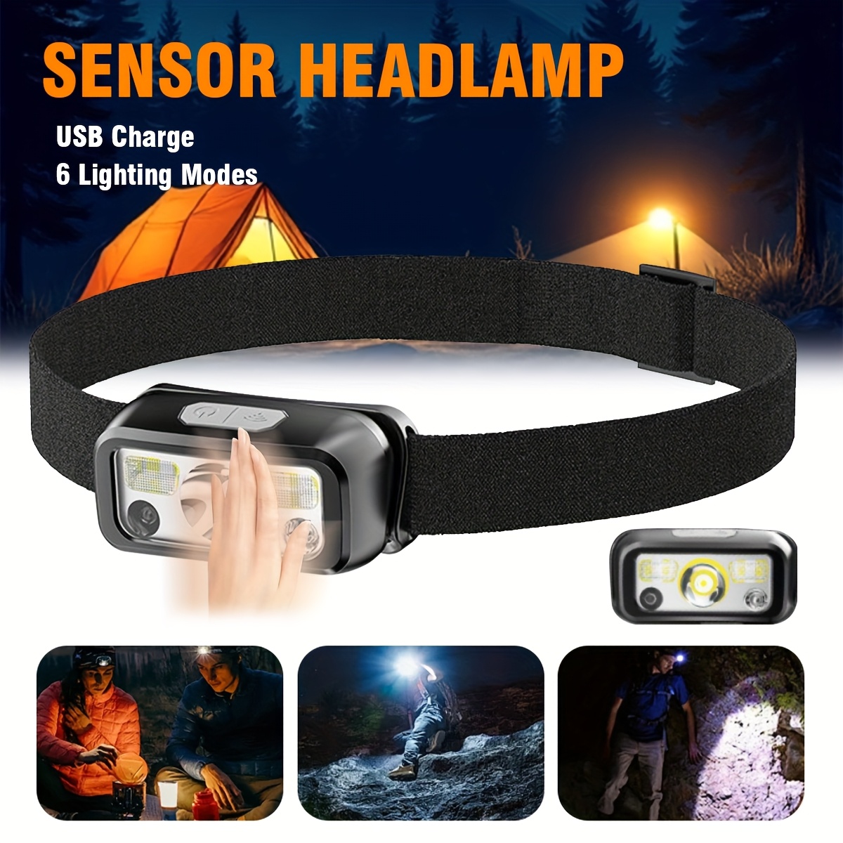 Headlamp Waterproof Rechargeable - Leistungsstarke COB-LED-Sensor-Stirnlampe, USB-wiederaufladbar, mit integriertem Akku,