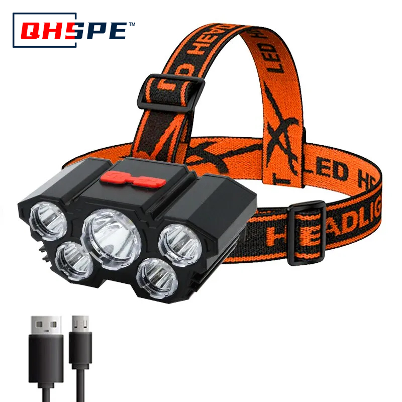 Headlamp Waterproof Rechargeable - Wiederaufladbare 5-LED-Stirnlampe, starkes Licht, integrierter 18650-Akku
