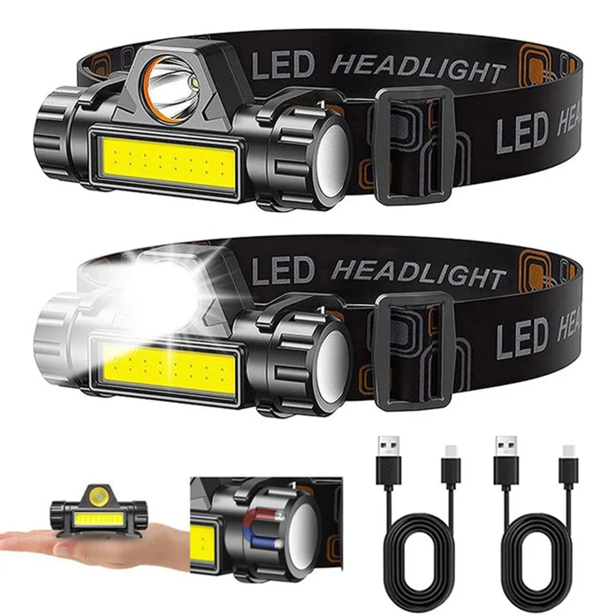 Headlamp Waterproof Rechargeable - 1–3 Stück wiederaufladbare COB-LED-Stirnlampe, starker magnetischer,