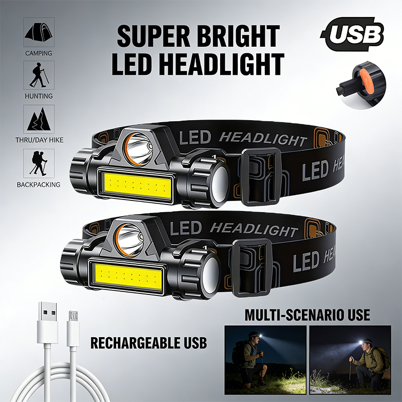 Headlamp Waterproof Rechargeable - Superhelle LED-Stirnlampe, wiederaufladbar, wasserdicht, mit XPE-COB-Perlen